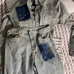 Fashion Nova Light Wash Flare Jeans with Blue Patch & Bead Embellishment